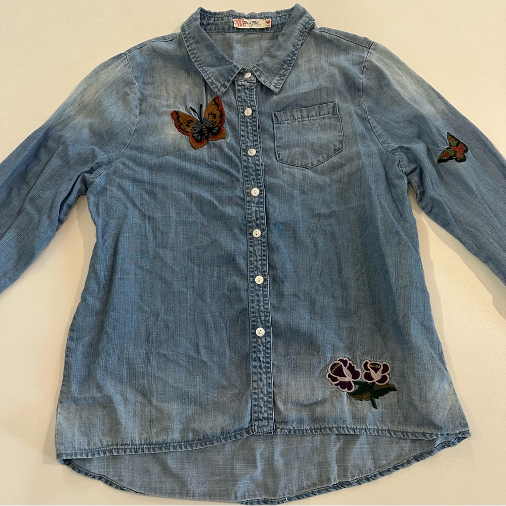 Miss Me Denim Floral Butterfly Embroidered Button Down Western Top Girls Size XL